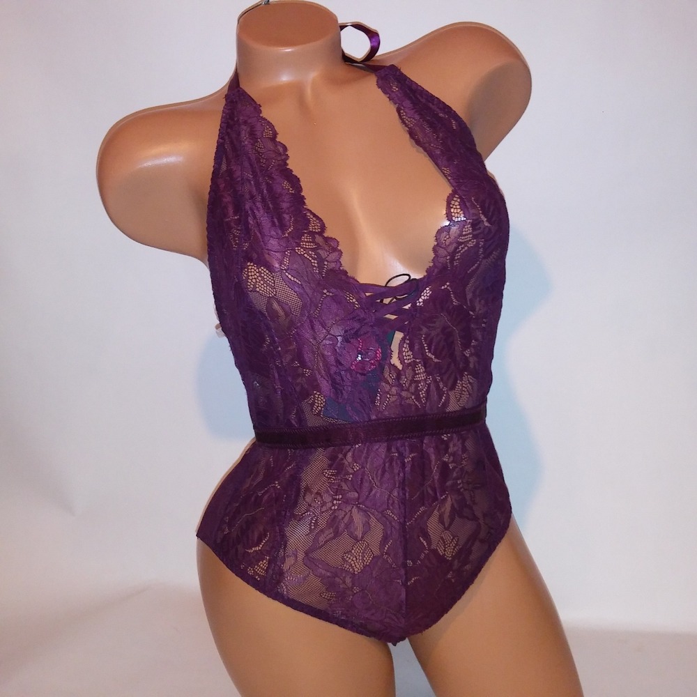 Garmol Lingerie Teddy One Piece Bodysuit XS Purple Allover Lace Halter Wireless